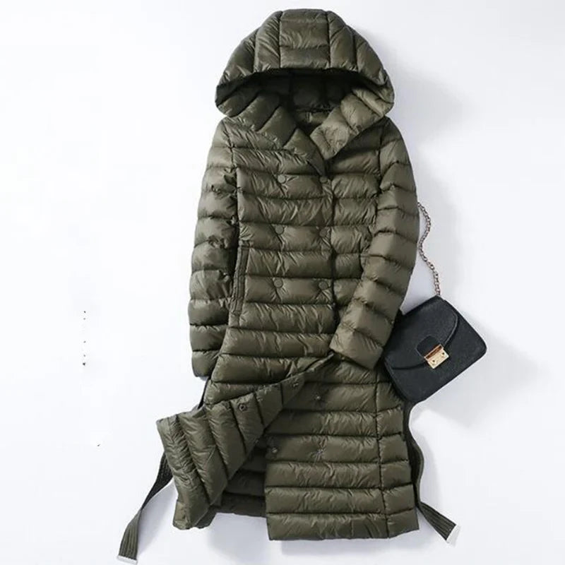 Doudoune longue à capuche, double boutonnage, matelassée, ceinture