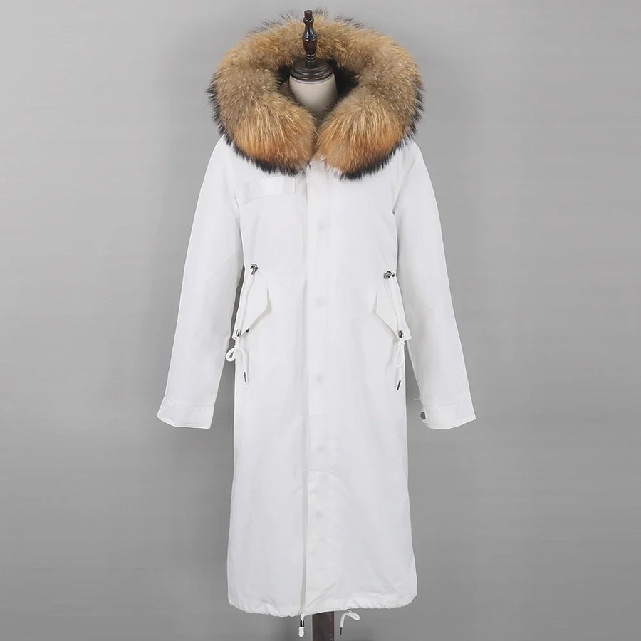 Parka lungo da donna con fodera calda, cappuccio con bordo in pelliccia