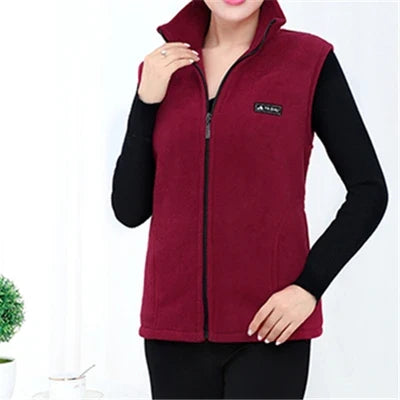 Chaleco polar morado para mujer, sin mangas, con cuello alto y cremallera