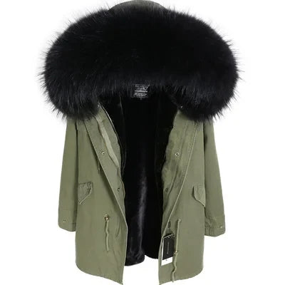 Parka da donna con cappuccio e fodera rimovibile in ecopelliccia spessa color kaki
