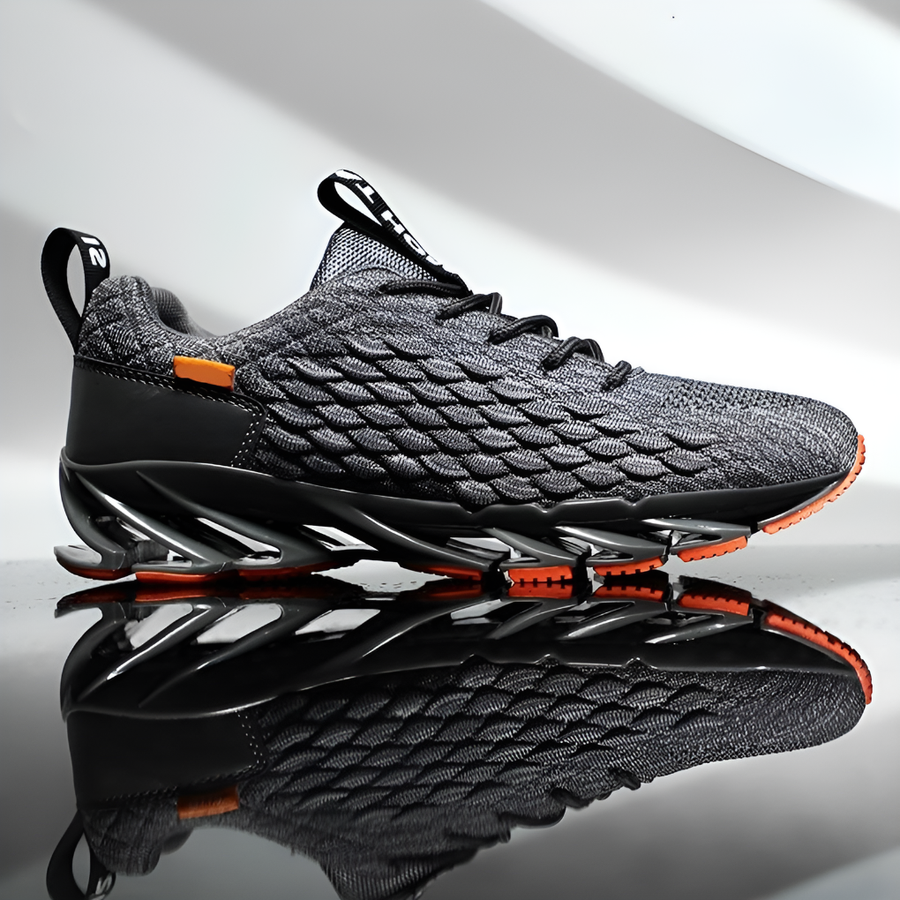 Sportsneakers voor heren, ademend mesh, grijze en oranje getextureerde zool