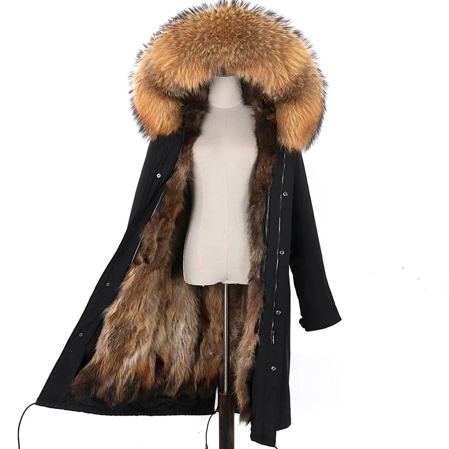 Parka lungo da donna con fodera calda, cappuccio con bordo in pelliccia