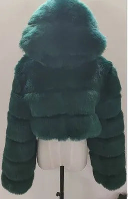 Veste courte à capuche en fausse fourrure douce pour femme