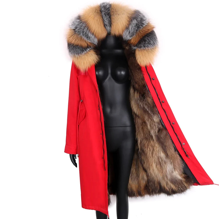 Lange zwarte damesparka met voering van imitatiebont met meerkleurig patroon