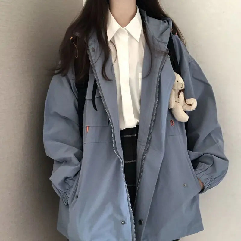 Giacca leggera da donna con cappuccio, azzurra, chiusura lampo e bottoni a pressione