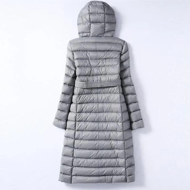 Doudoune longue à capuche, double boutonnage, matelassée, ceinture