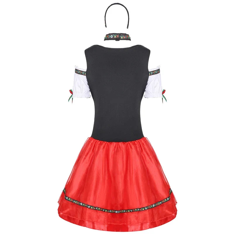 Robe Dirndl de Fête pour Femme – Corset Noir Lacé, Jupe Rouge et Blouse Blanche