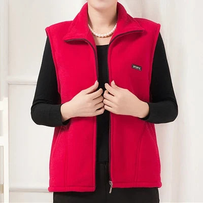 Chaleco polar morado para mujer, sin mangas, con cuello alto y cremallera
