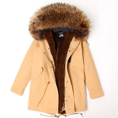 Parka da donna con cappuccio e fodera rimovibile in ecopelliccia spessa color kaki