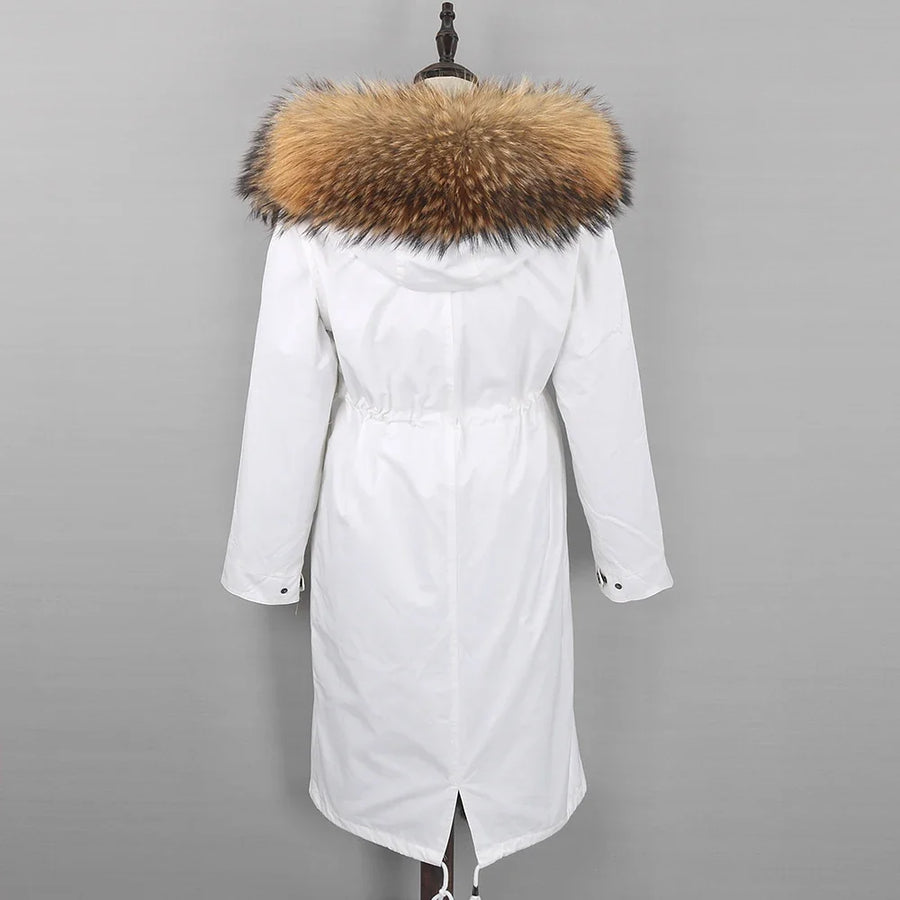 Parka lungo da donna con fodera calda, cappuccio con bordo in pelliccia