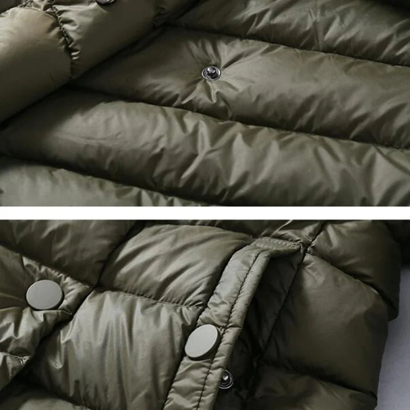 Doudoune longue à capuche, double boutonnage, matelassée, ceinture