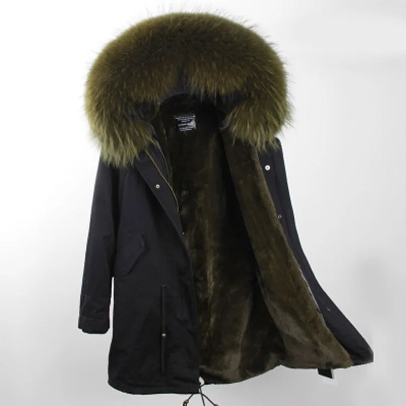Parka da donna con cappuccio e fodera rimovibile in ecopelliccia spessa color kaki
