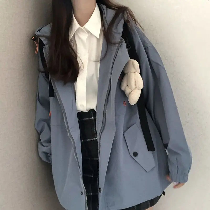 Giacca leggera da donna con cappuccio, azzurra, chiusura lampo e bottoni a pressione