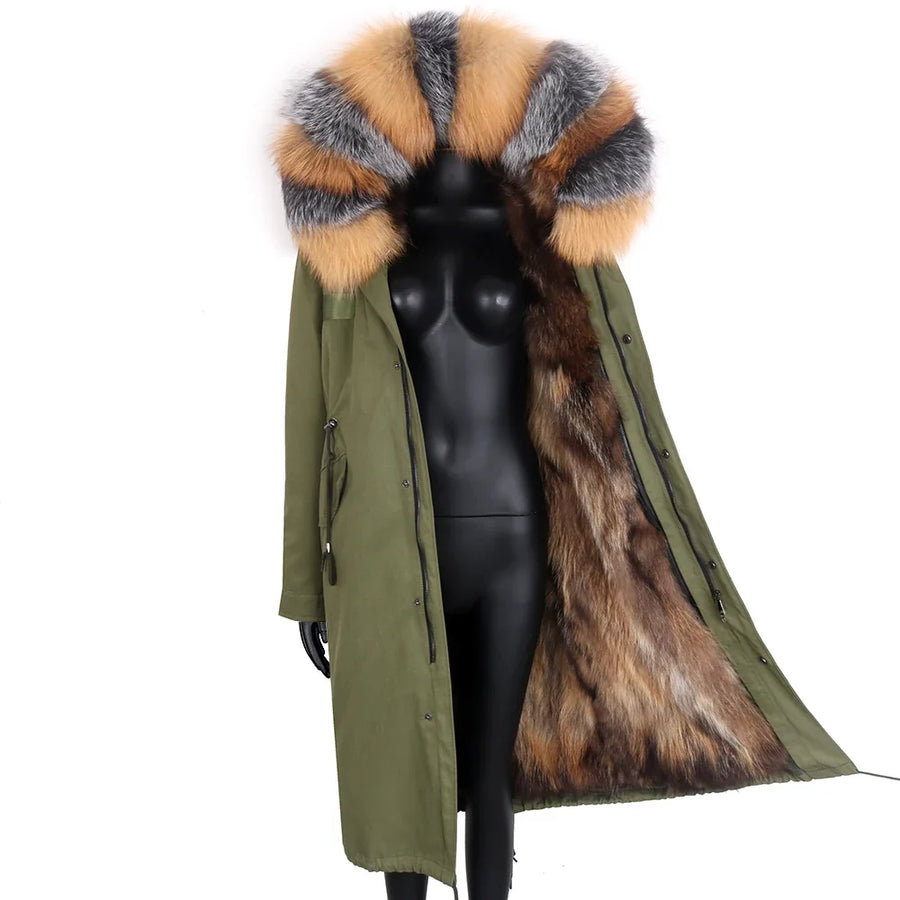 Lange zwarte damesparka met voering van imitatiebont met meerkleurig patroon