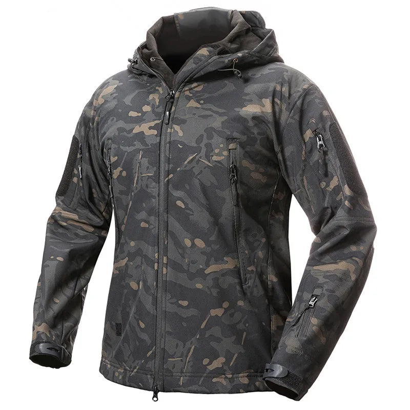 Men's Camouflage or Solid-Color Zipped Hooded Jacket with Multiple Pockets