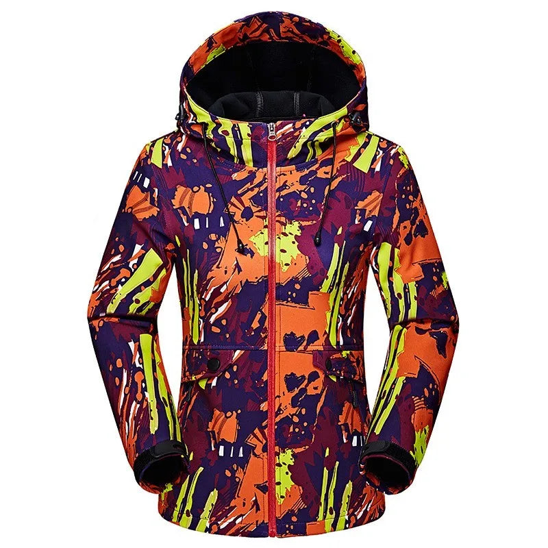 Wasserdichte Damen-Kapuzenjacke mit abstrakten türkisfarbenen, blauen und rosafarbenen Mustern