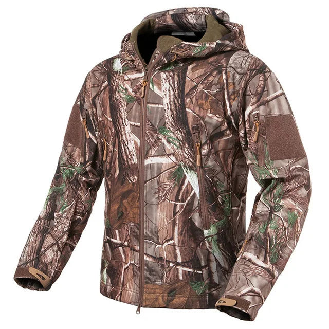 Men's Camouflage or Solid-Color Zipped Hooded Jacket with Multiple Pockets