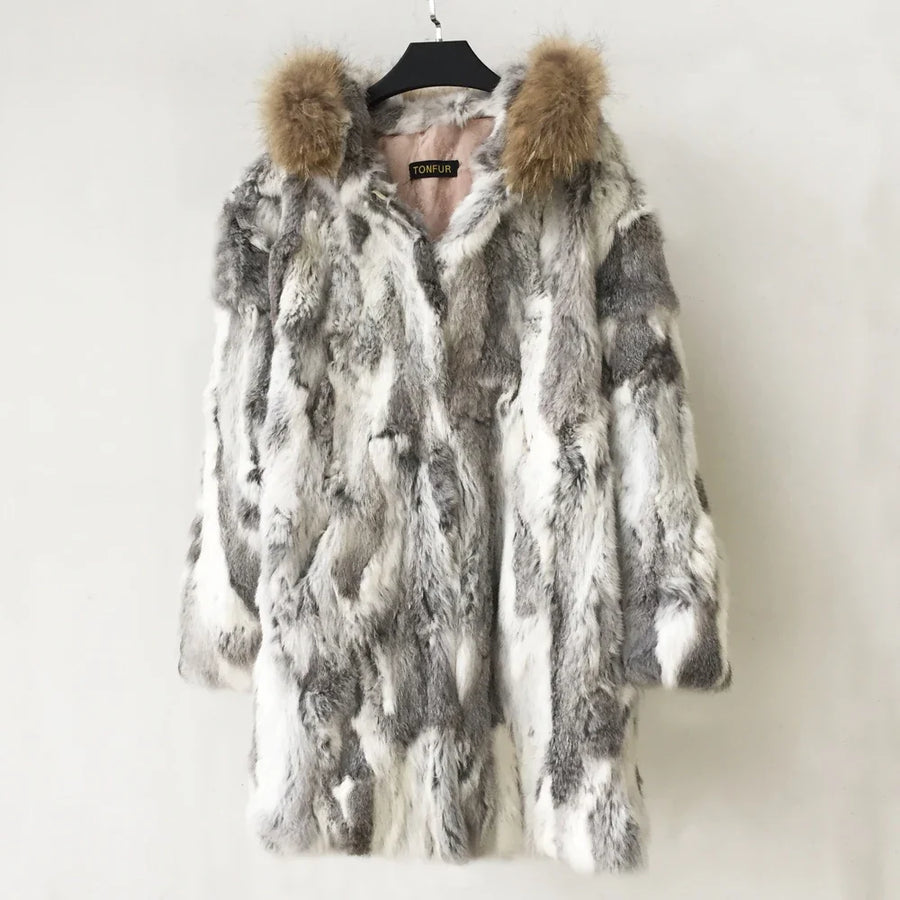 Cappotto da donna lungo, morbido effetto pelliccia con cappuccio - grigio screziato