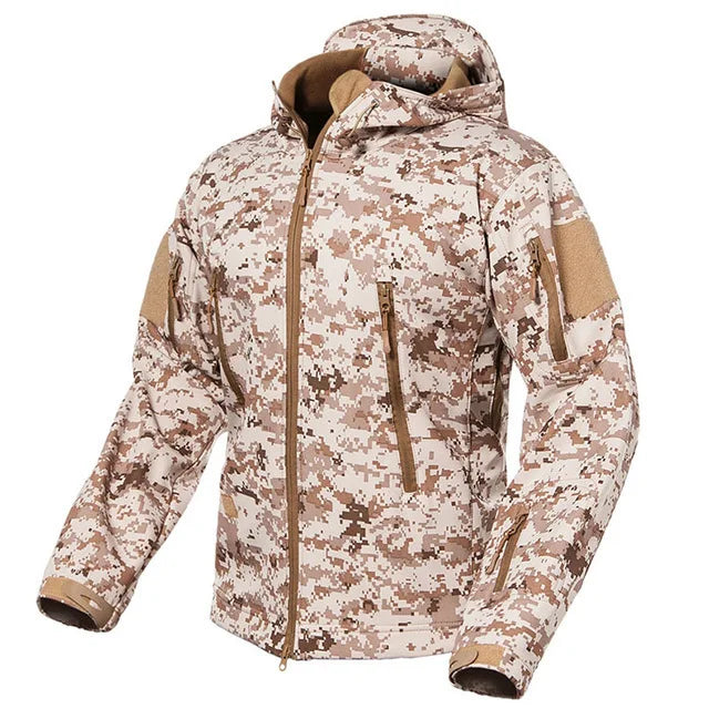 Men's Camouflage or Solid-Color Zipped Hooded Jacket with Multiple Pockets
