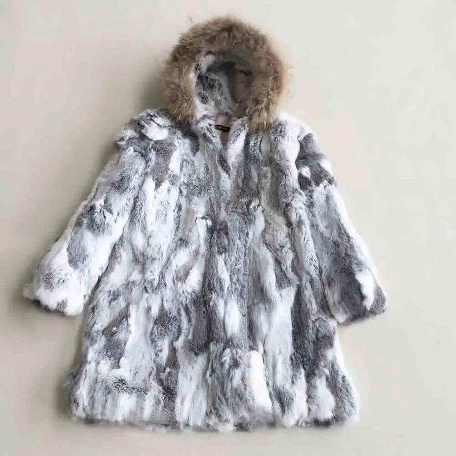 Cappotto da donna lungo, morbido effetto pelliccia con cappuccio - grigio screziato