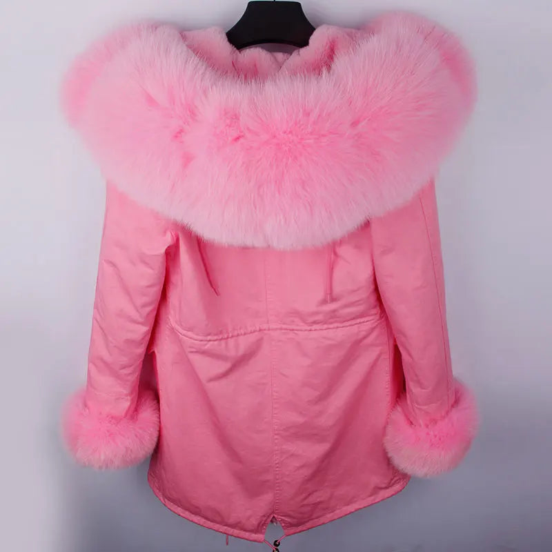 Parka invernale da donna con cappuccio, pelliccia rosa e fodera calda