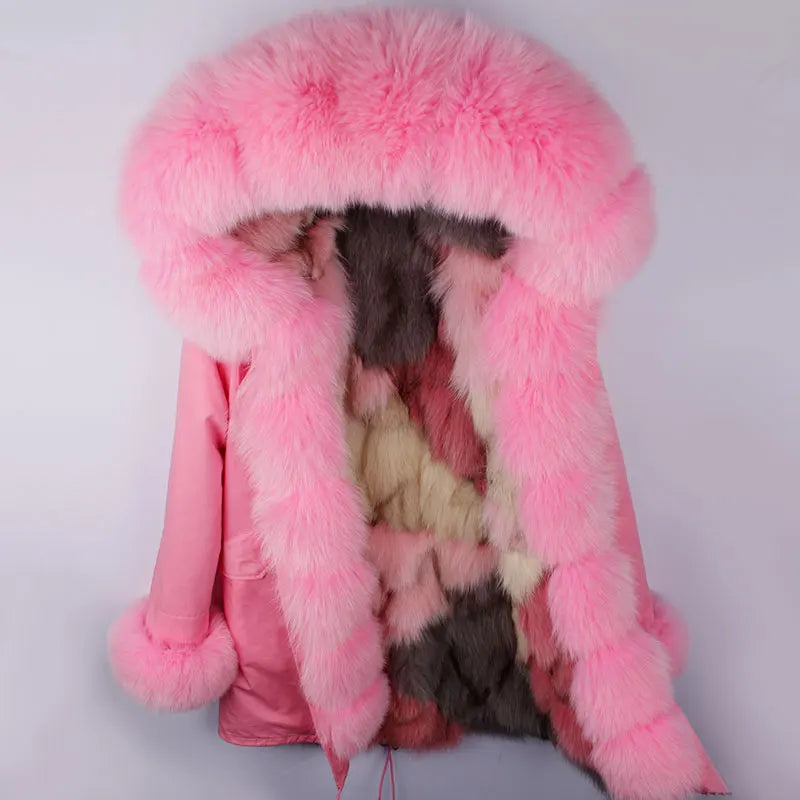 Parka invernale da donna con cappuccio, pelliccia rosa e fodera calda