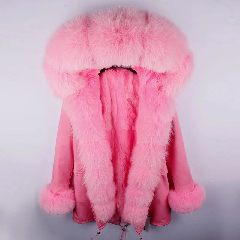 Parka invernale da donna con cappuccio, pelliccia rosa e fodera calda
