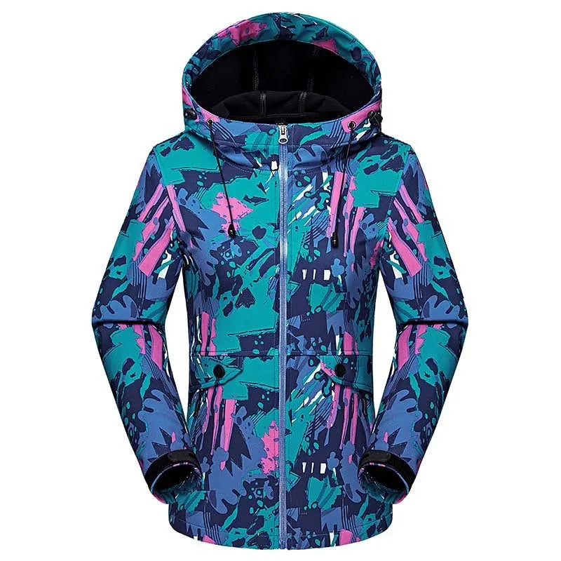 Wasserdichte Damen-Kapuzenjacke mit abstrakten türkisfarbenen, blauen und rosafarbenen Mustern