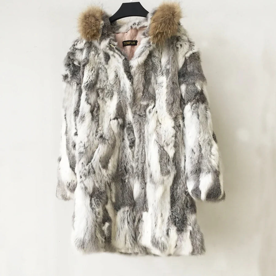 Cappotto da donna lungo, morbido effetto pelliccia con cappuccio - grigio screziato