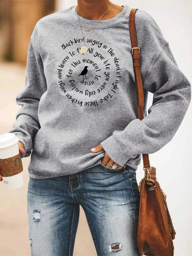 Jersey informal para mujer con cuello redondo, estampado de pájaro y frase