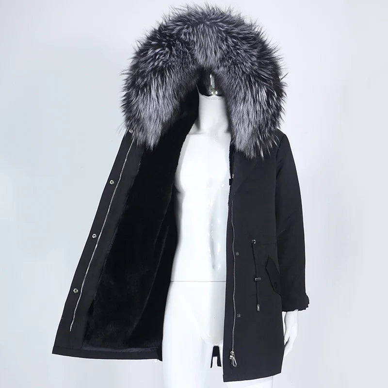 Men's Long Casual Parka with Removable Fur-Lined Hood