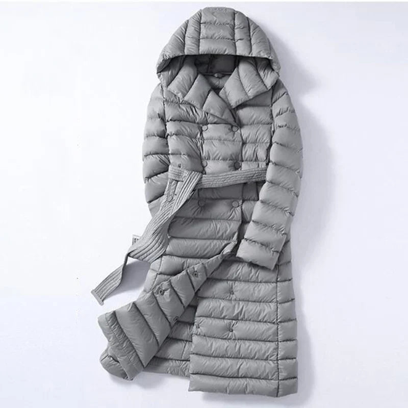 Doudoune longue à capuche, double boutonnage, matelassée, ceinture
