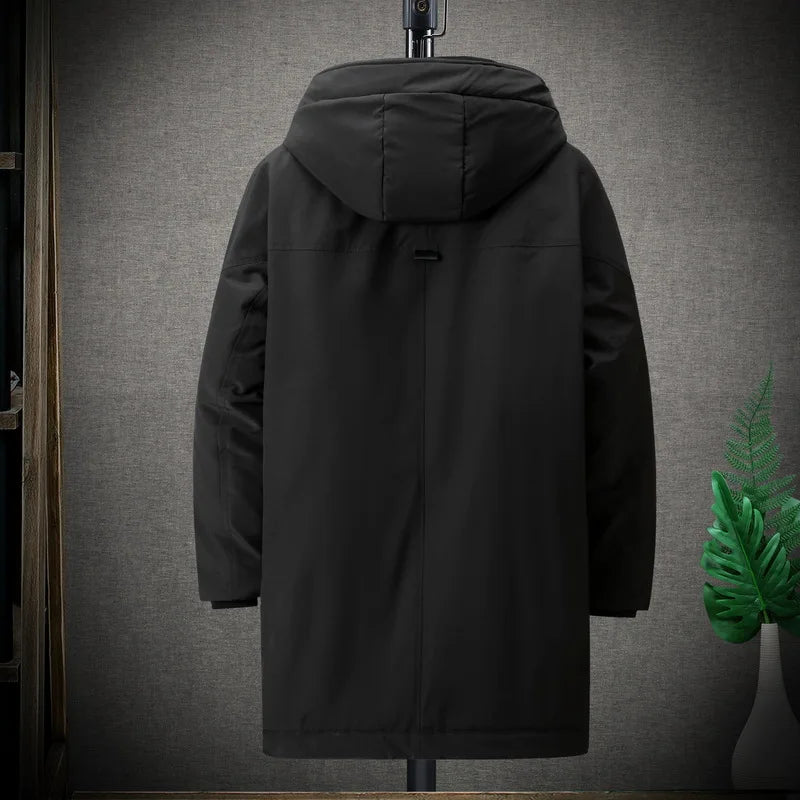 Cappotto lungo da uomo beige con cappuccio, cerniera e tasche