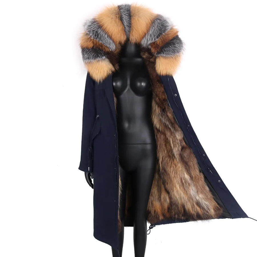 Lange zwarte damesparka met voering van imitatiebont met meerkleurig patroon