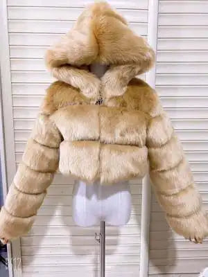 Veste courte à capuche en fausse fourrure douce pour femme