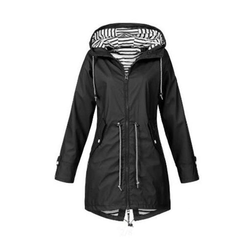 Parka impermeable de mujer con capucha a rayas y cordón de ajuste