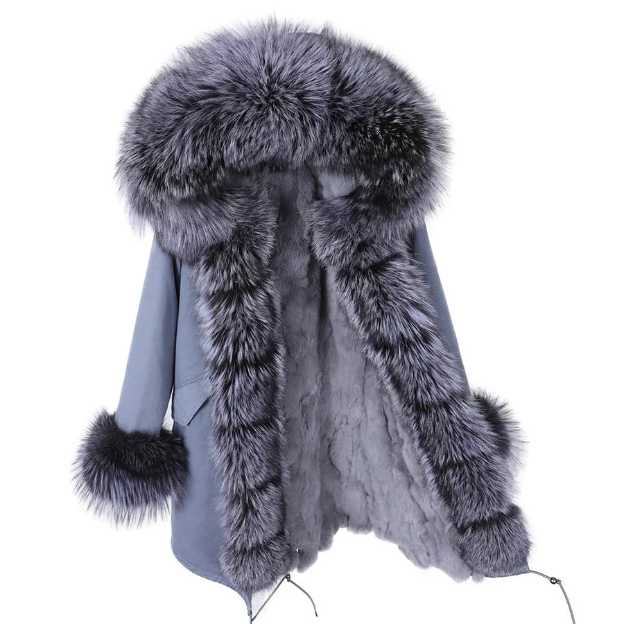 Parka invernale da donna con cappuccio, pelliccia rosa e fodera calda