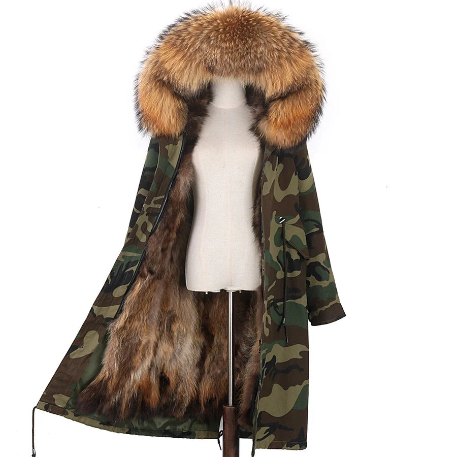 Parka lungo da donna con fodera calda, cappuccio con bordo in pelliccia