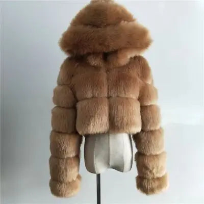 Veste courte à capuche en fausse fourrure douce pour femme