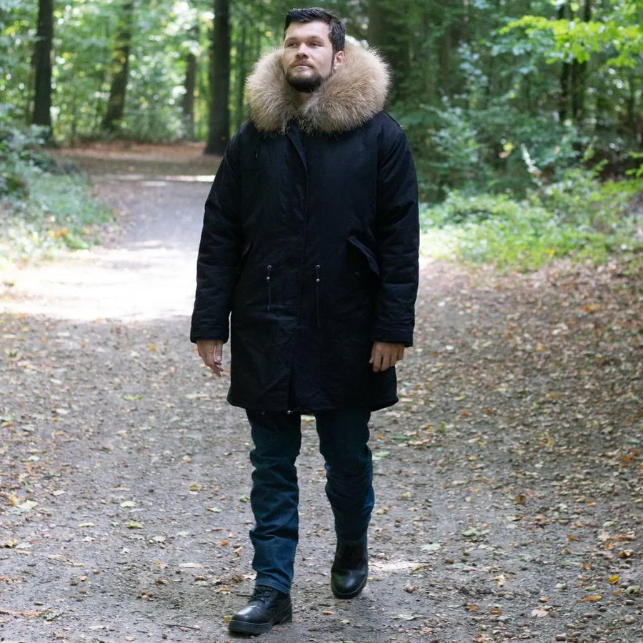 Men's Long Casual Parka with Removable Fur-Lined Hood