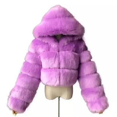 Veste courte à capuche en fausse fourrure douce pour femme