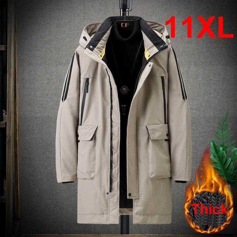 Cappotto lungo da uomo beige con cappuccio, cerniera e tasche