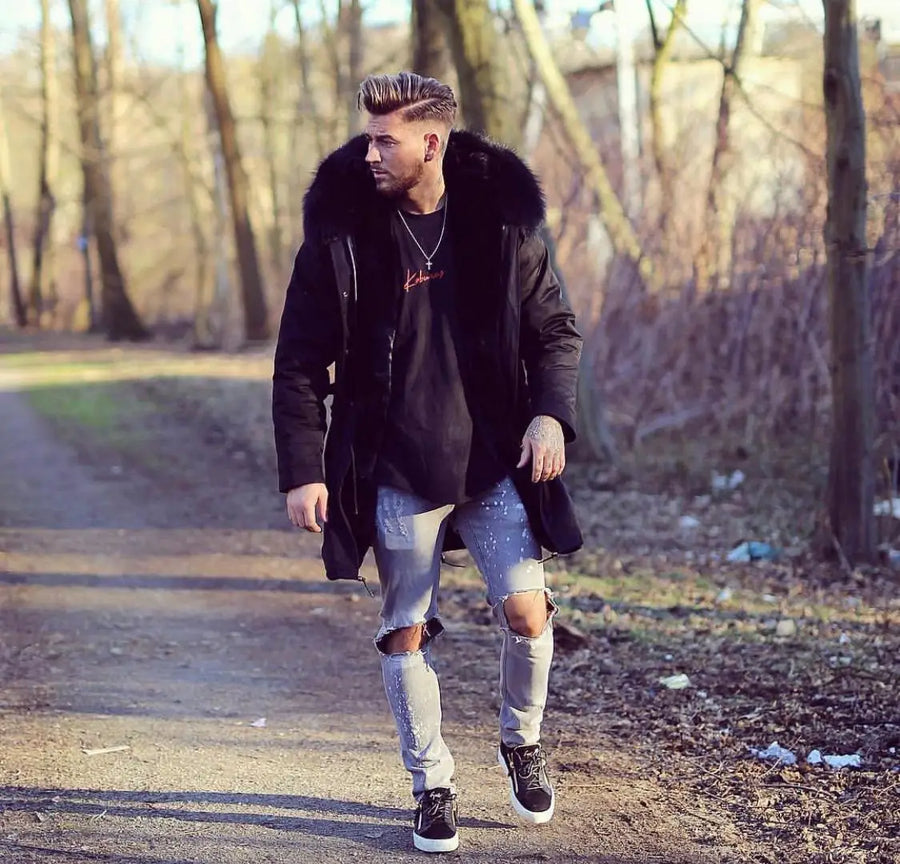 Men's Long Casual Parka with Removable Fur-Lined Hood