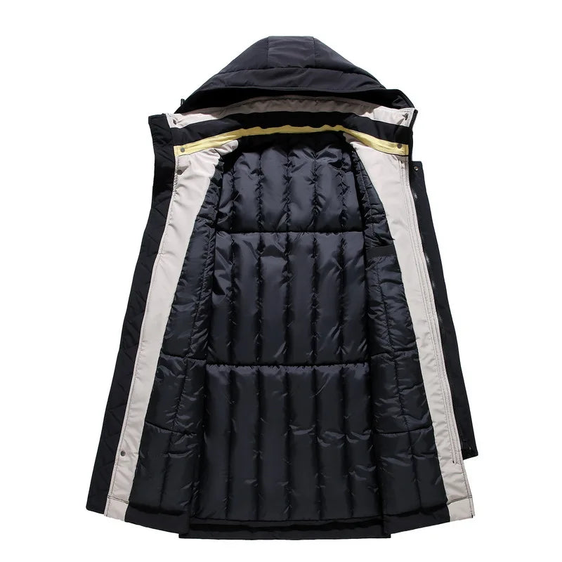 Cappotto lungo da uomo beige con cappuccio, cerniera e tasche