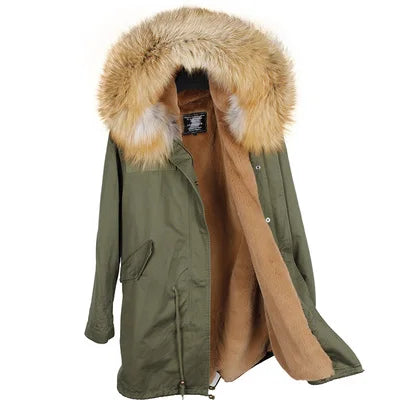 Parka da donna con cappuccio e fodera rimovibile in ecopelliccia spessa color kaki