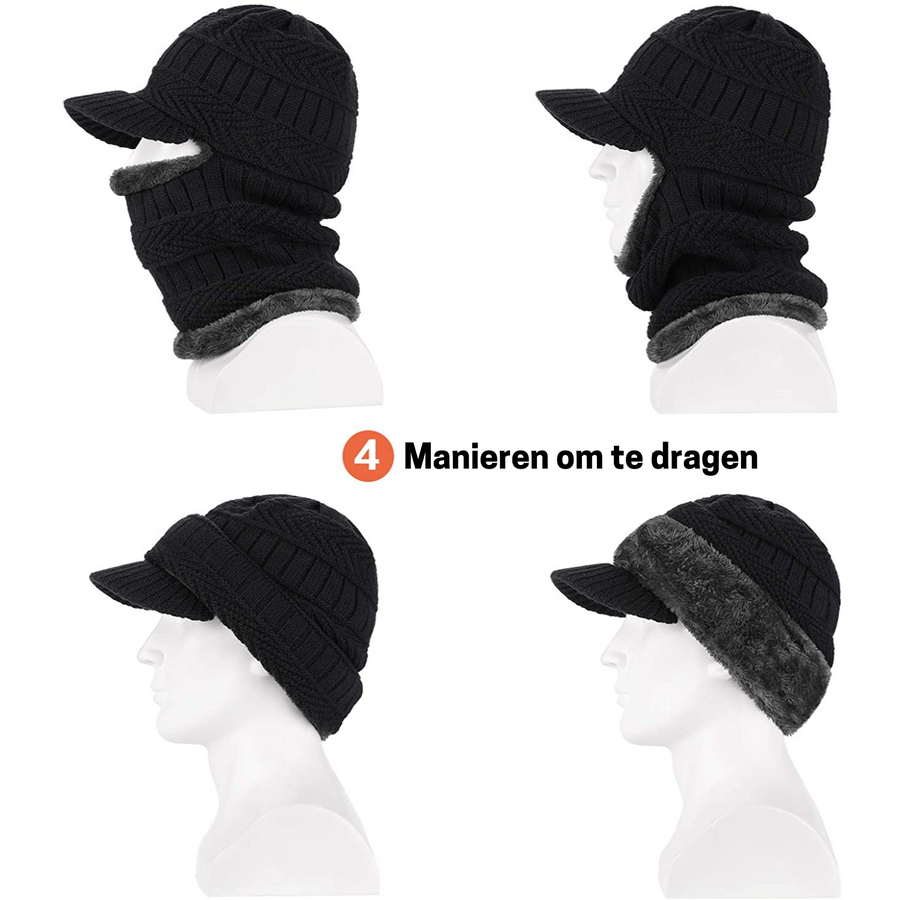 Fodrad stickad mössa i fleece med skärm och integrerad halsvärmare
