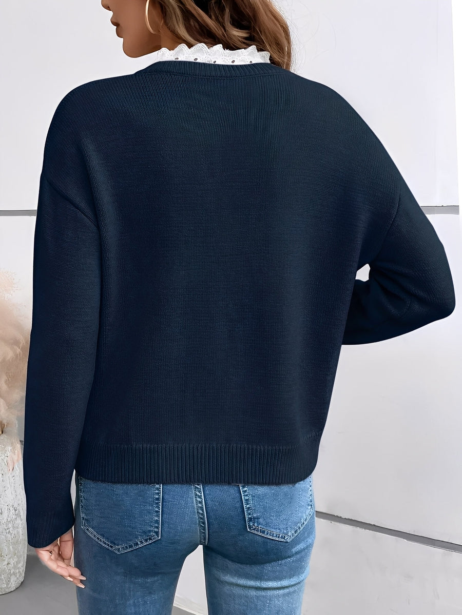 Pull en maille col en V avec détail festonné en dentelle pour femme - Couleur au choix