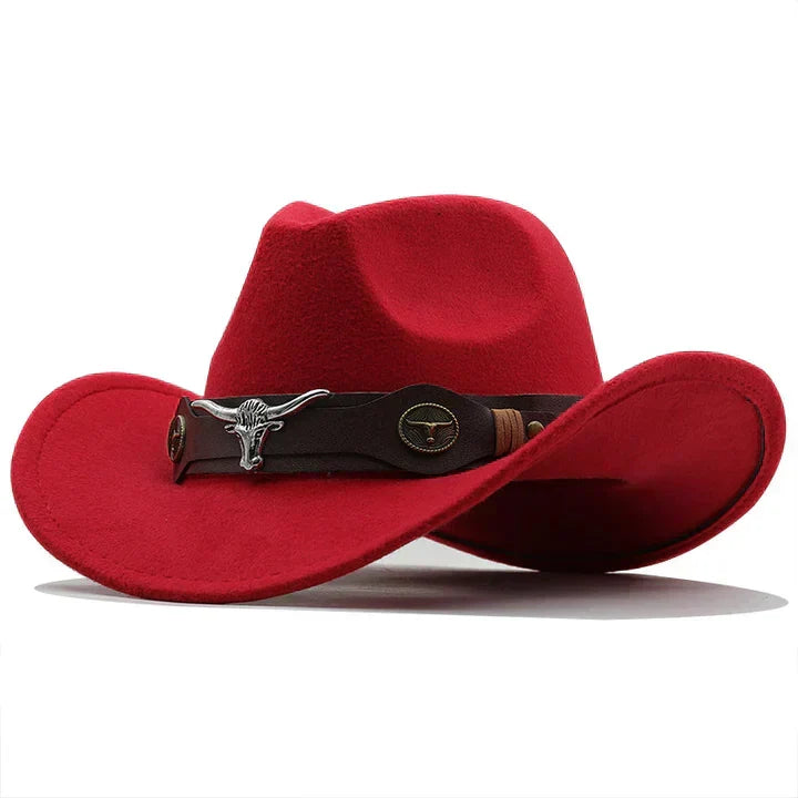 Chapeau de cowboy unisexe style occidental, bords recourbés avec bande décorative et tête de taureau