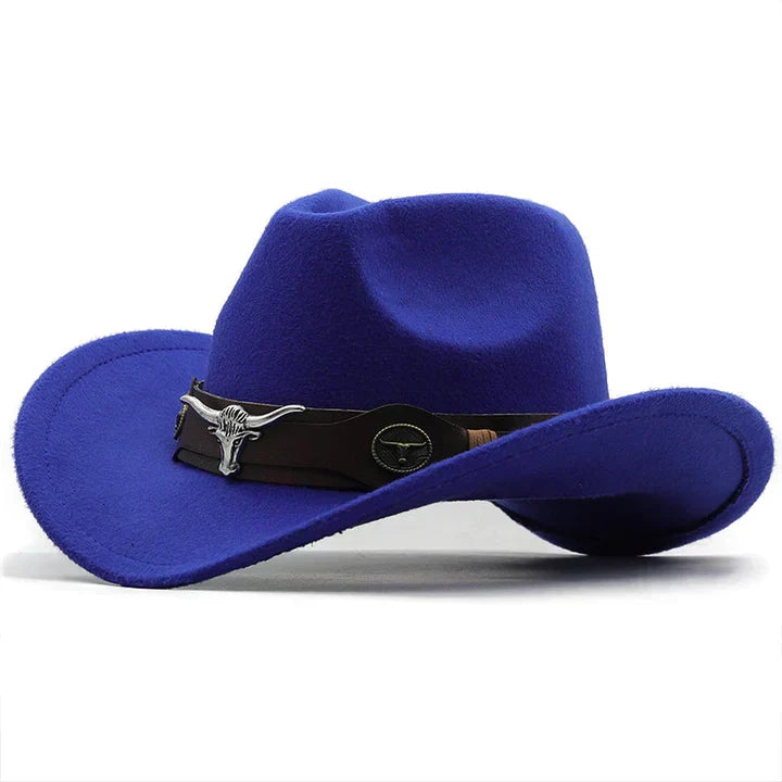 Chapeau de cowboy unisexe style occidental, bords recourbés avec bande décorative et tête de taureau