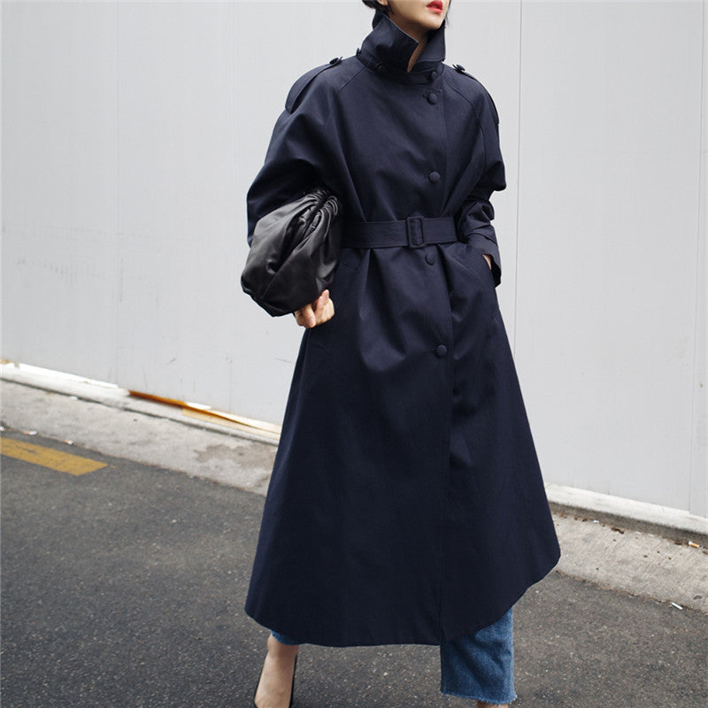 Manteau Long Type Trench Ceinturé Col Haut Femme